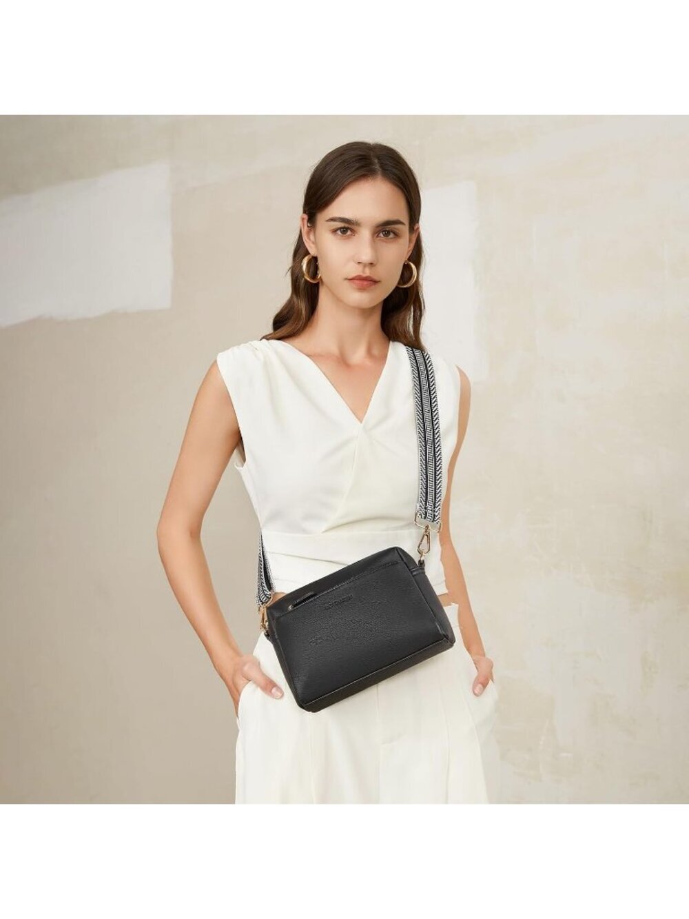 Women's Black Leather Triple Zip Crossbody Bag Purse with Colored Shoulder Strap - Picture 2 of 6